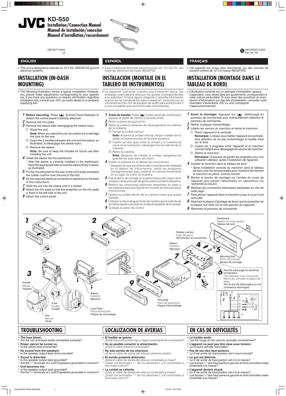 Installation, Kd-s50, Installation (montage dans le tableau de bord) | Installation (in-dash mounting), Localizacion de averias, En cas de difficultés, Troubleshooting | JVC KD-S50 User Manual | Page 22 / 25