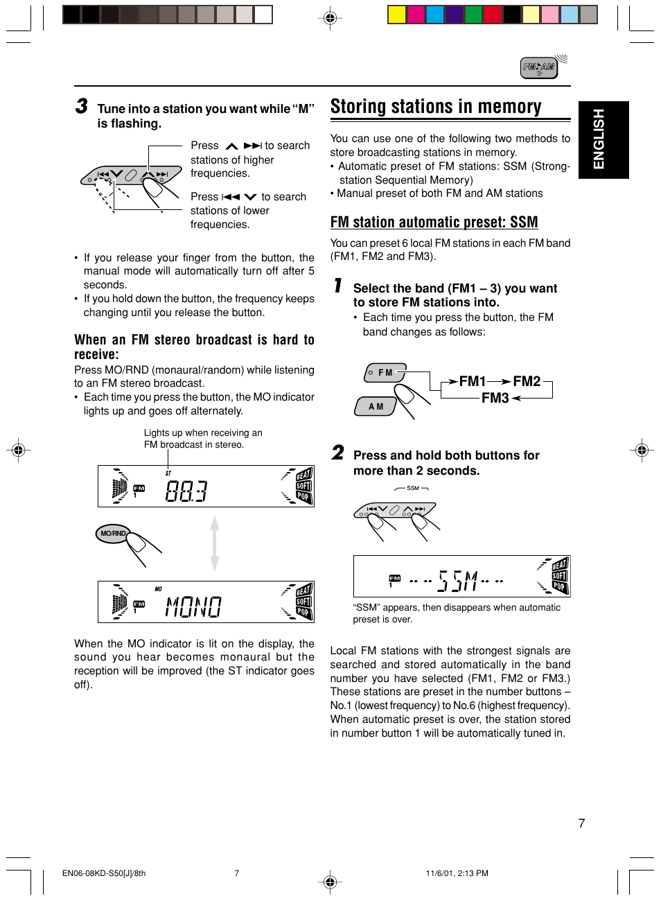 Fm station automatic preset: ssm, Fm1 fm2 fm3 | JVC KD-S50 User Manual | Page 7 / 25