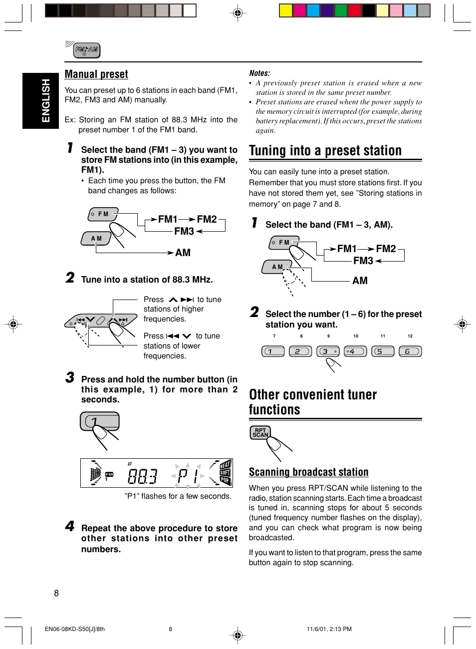 Other convenient tuner functions, Tuning into a preset station, Manual preset | Scanning broadcast station, Fm1 fm2 fm3 am, Am fm1 fm2 fm3 | JVC KD-S50 User Manual | Page 8 / 25