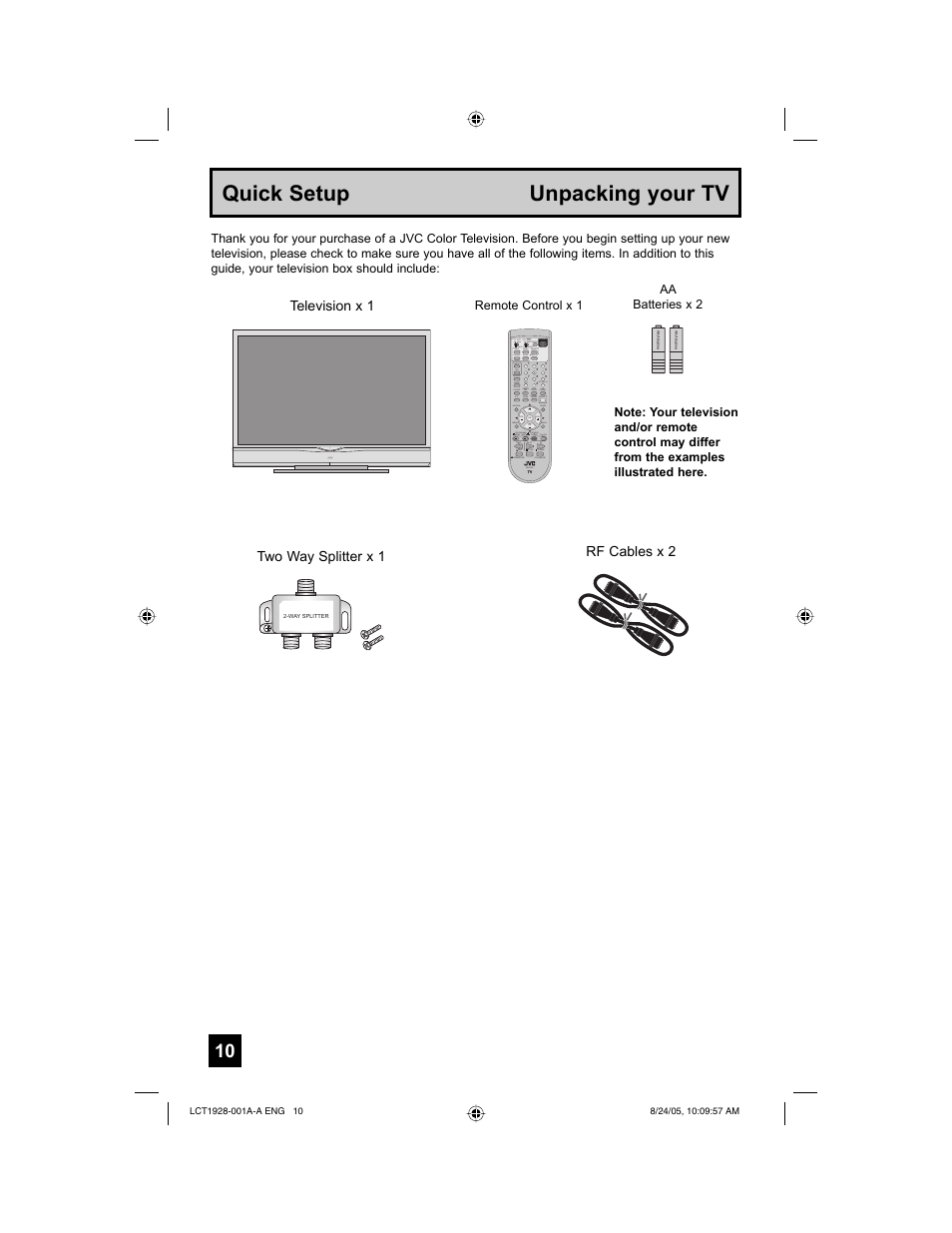 Quick setup unpacking your tv | JVC HD-52G456 User Manual | Page 10 / 88