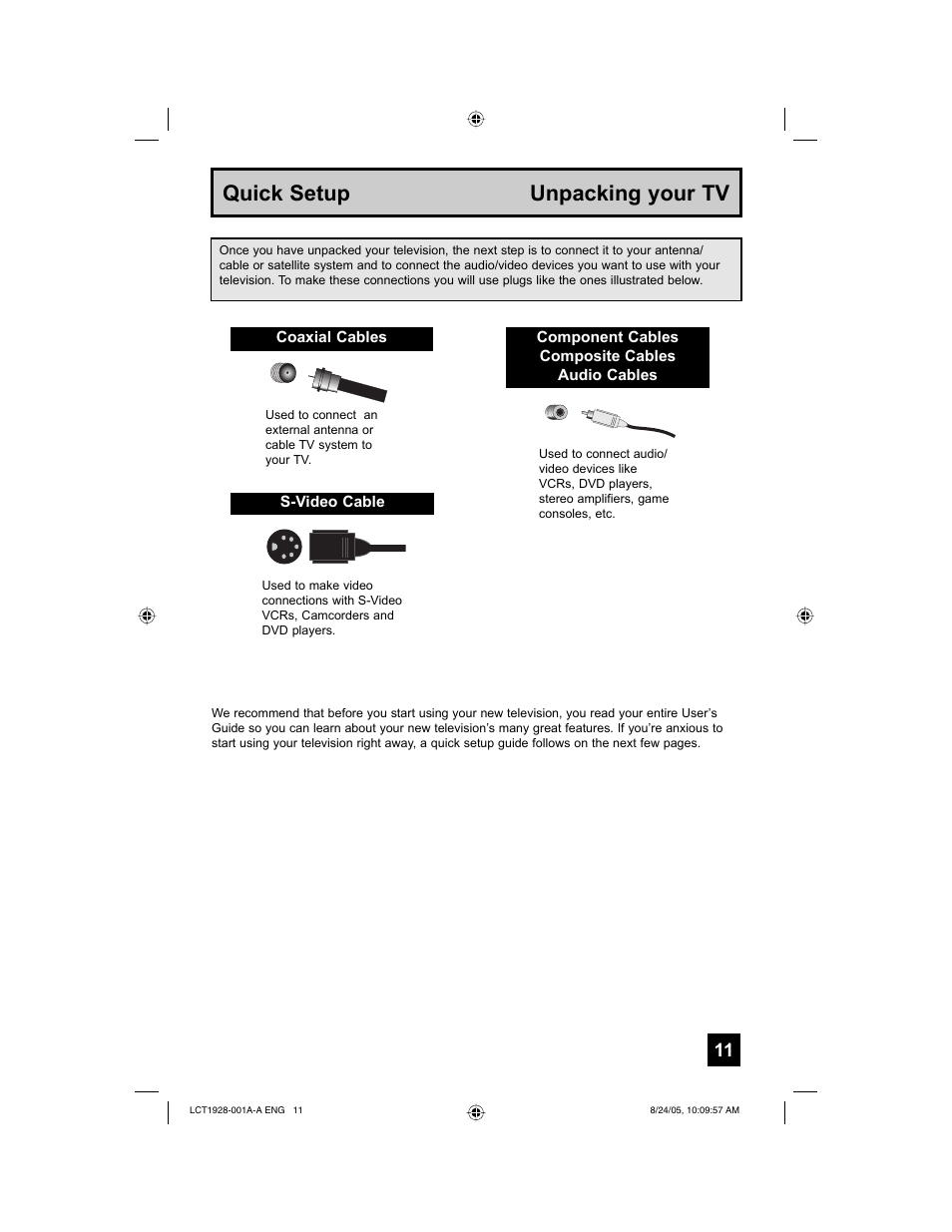 Quick setup unpacking your tv | JVC HD-52G456 User Manual | Page 11 / 88
