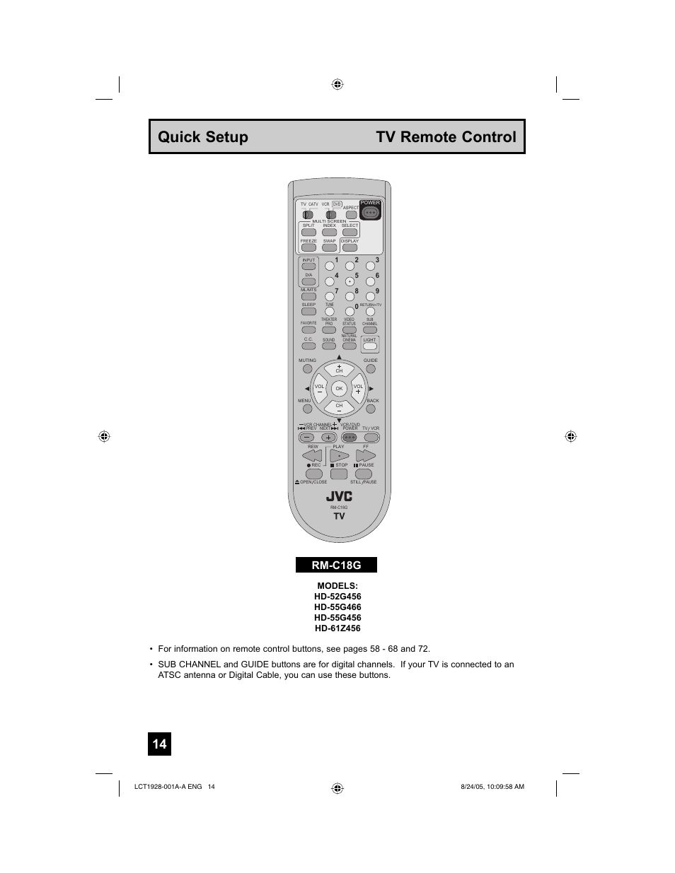 Quick setup tv remote control, Rm-c18g | JVC HD-52G456 User Manual | Page 14 / 88