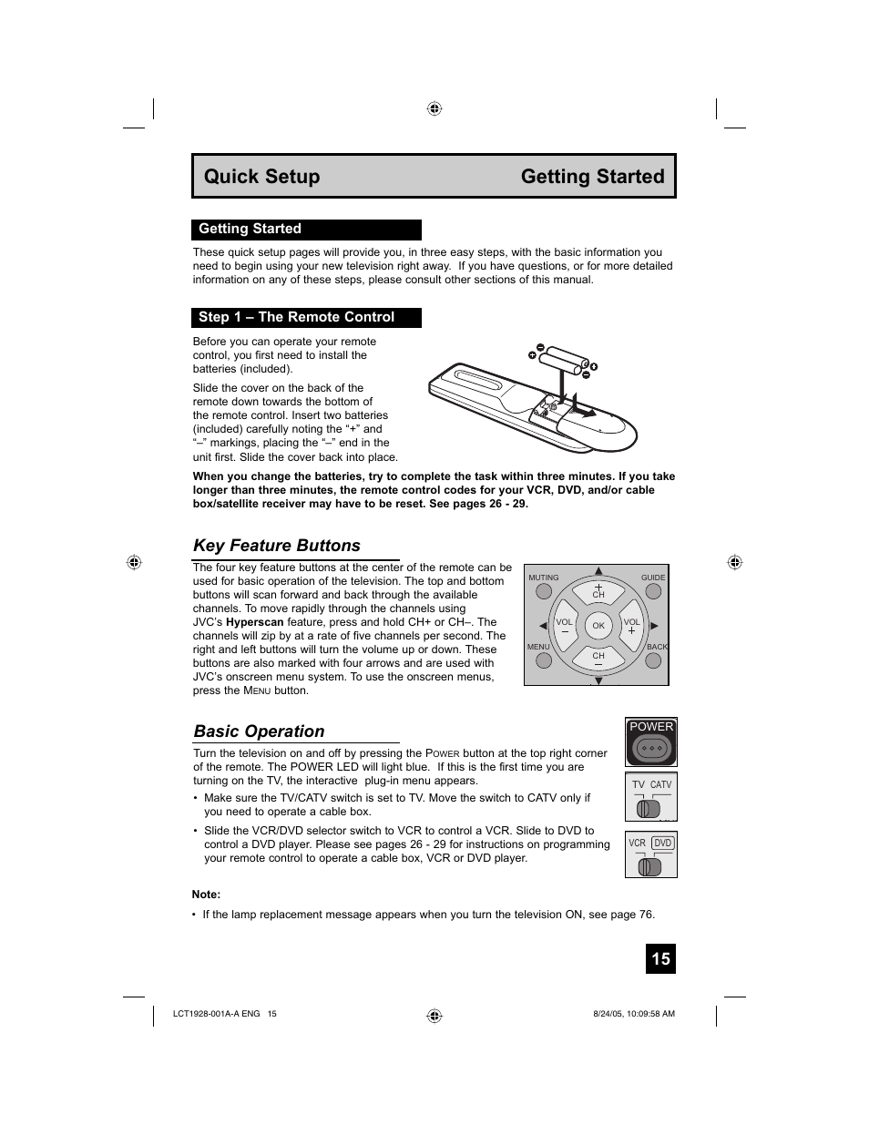 Quick setup getting started, Key feature buttons, Basic operation | Getting started step 1 – the remote control | JVC HD-52G456 User Manual | Page 15 / 88