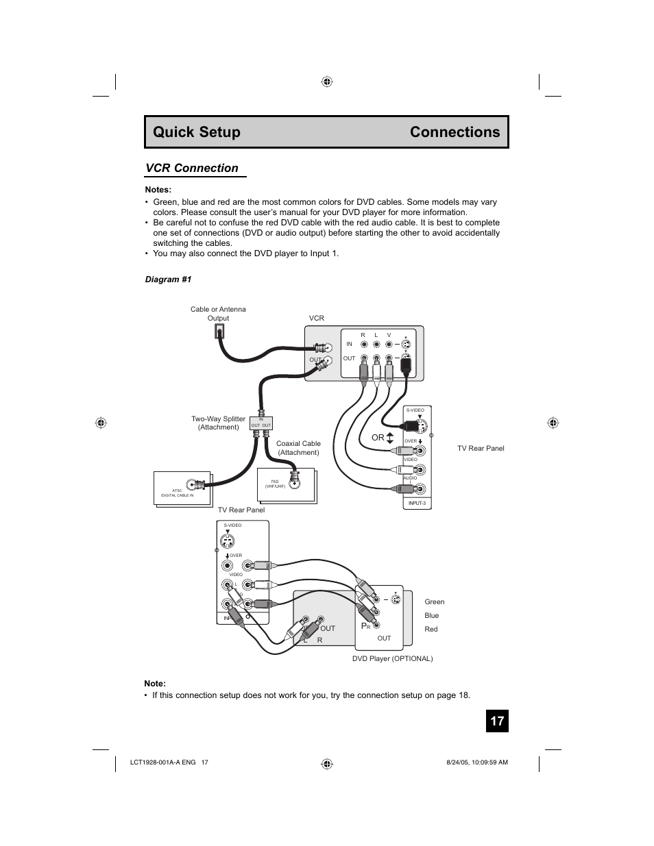 Quick setup connections, Vcr connection | JVC HD-52G456 User Manual | Page 17 / 88