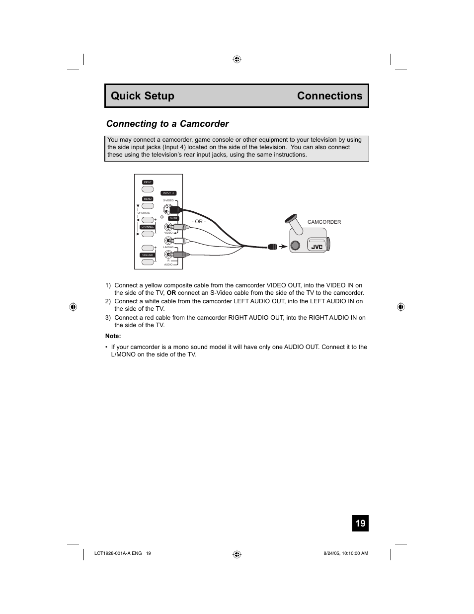 Quick setup connections, Connecting to a camcorder | JVC HD-52G456 User Manual | Page 19 / 88