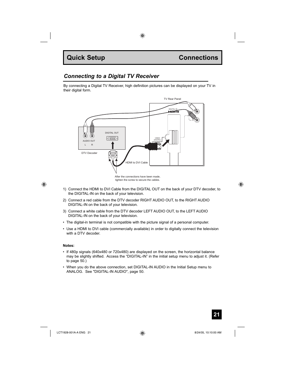 Quick setup connections, Connecting to a digital tv receiver | JVC HD-52G456 User Manual | Page 21 / 88