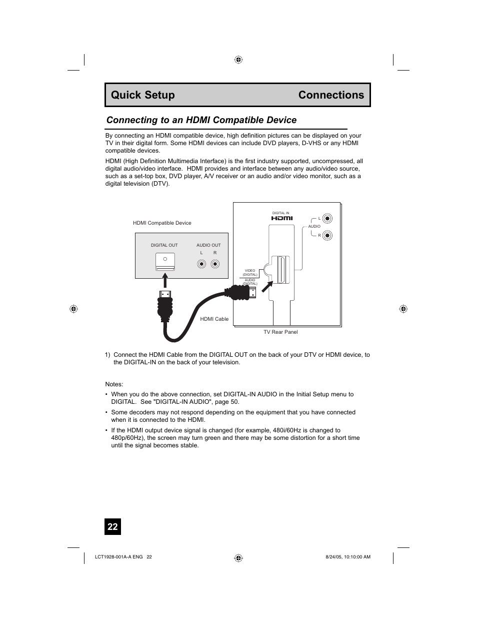 Quick setup connections, Connecting to an hdmi compatible device | JVC HD-52G456 User Manual | Page 22 / 88