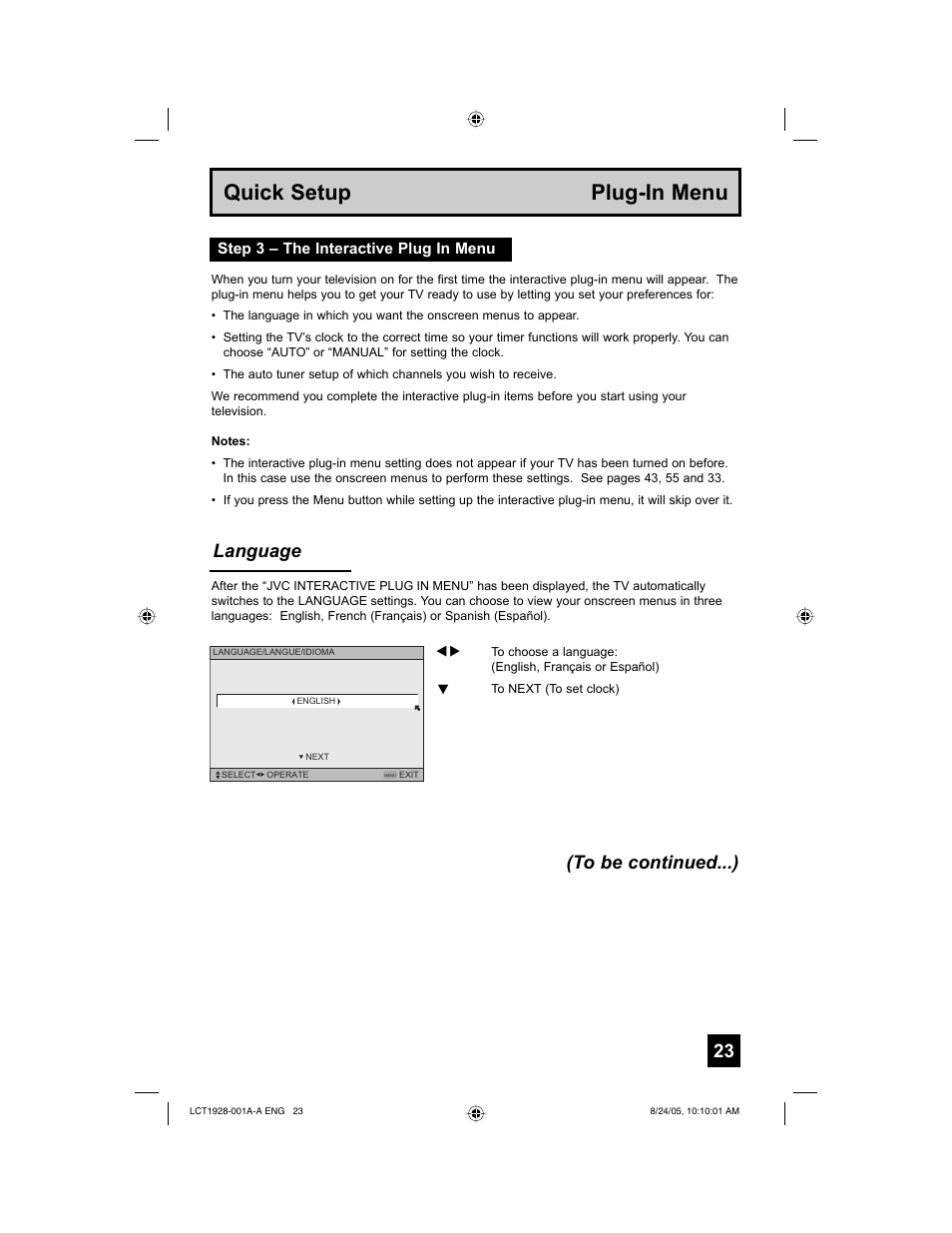 Quick setup plug-in menu, Language (to be continued...) | JVC HD-52G456 User Manual | Page 23 / 88