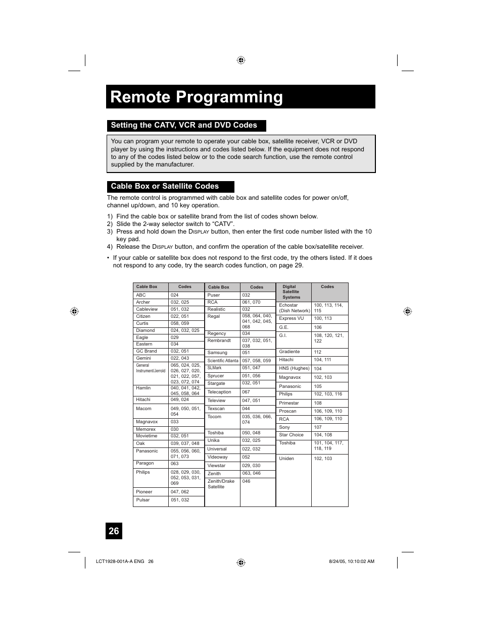 Remote programming | JVC HD-52G456 User Manual | Page 26 / 88