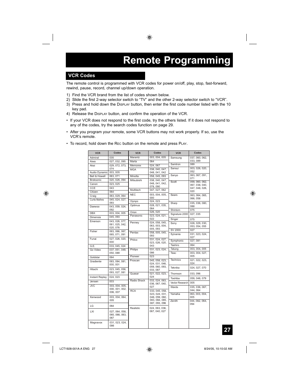 Remote programming, Vcr codes, Button on the remote and press p | JVC HD-52G456 User Manual | Page 27 / 88