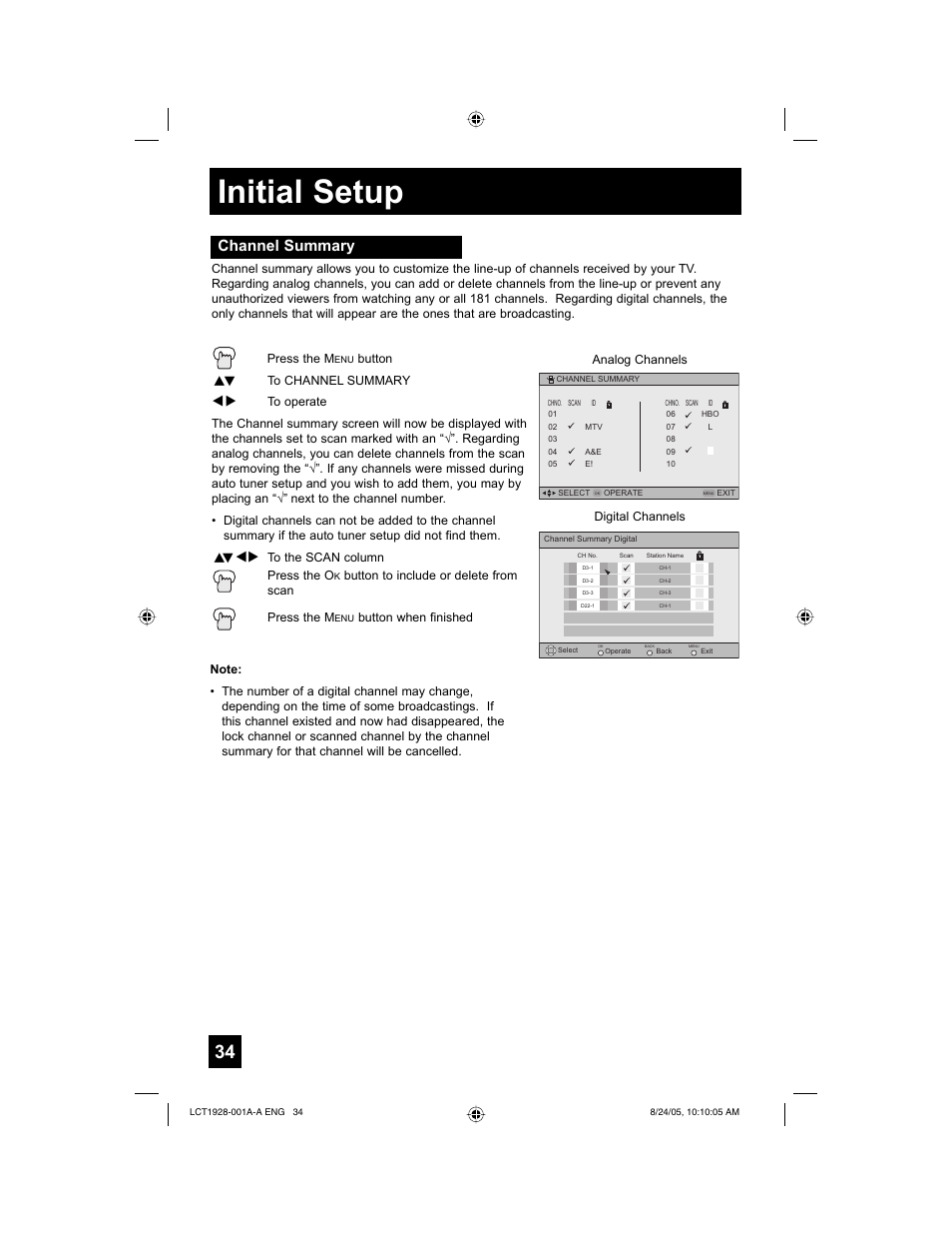Initial setup, Channel summary | JVC HD-52G456 User Manual | Page 34 / 88