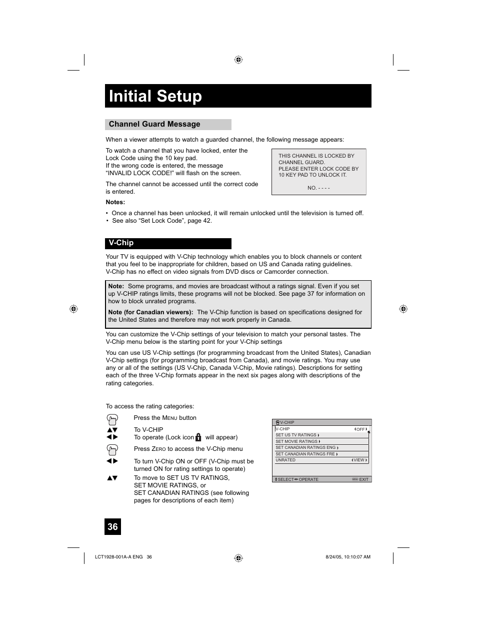 Initial setup, Channel guard message v-chip | JVC HD-52G456 User Manual | Page 36 / 88