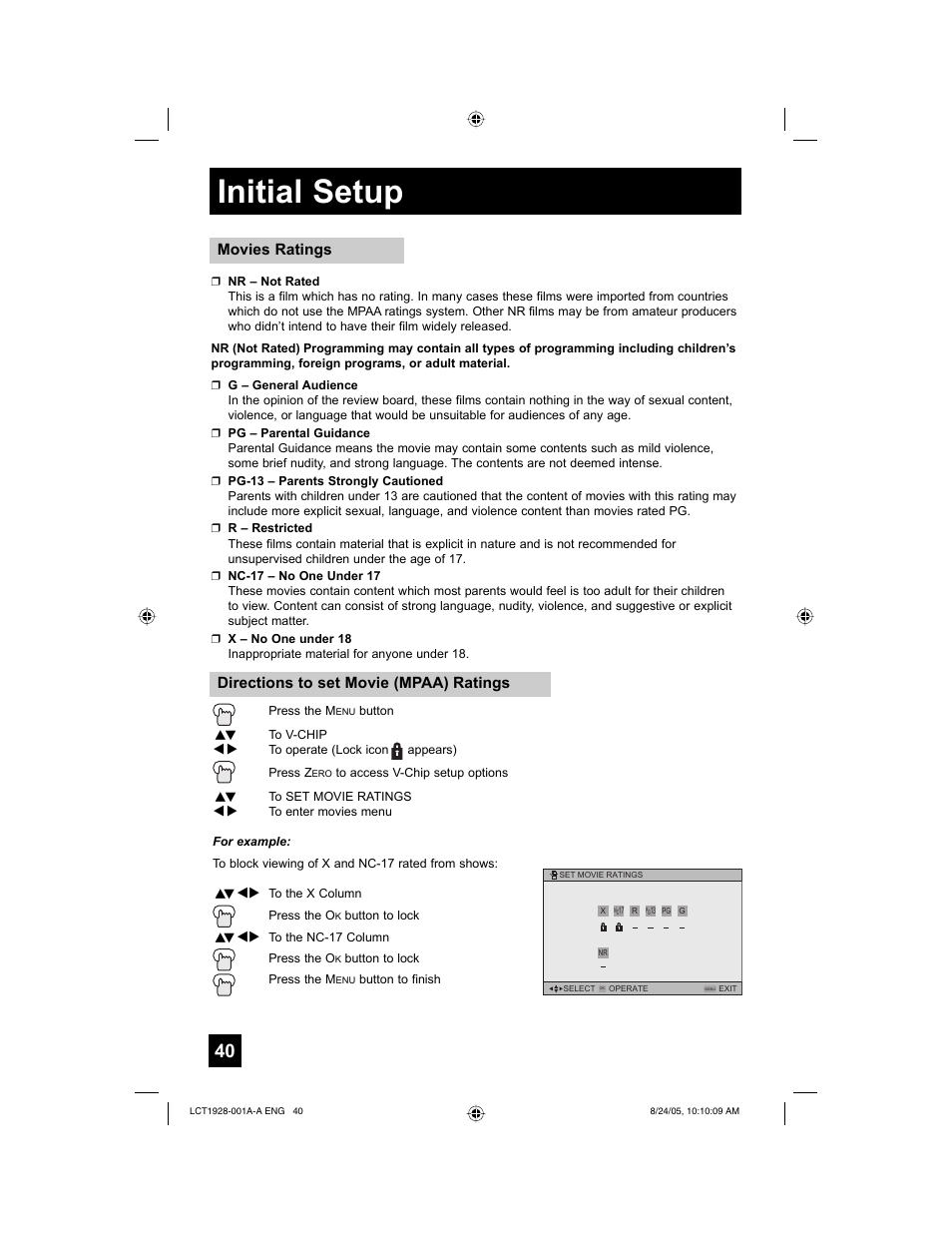 Initial setup, Movies ratings, Directions to set movie (mpaa) ratings | JVC HD-52G456 User Manual | Page 40 / 88