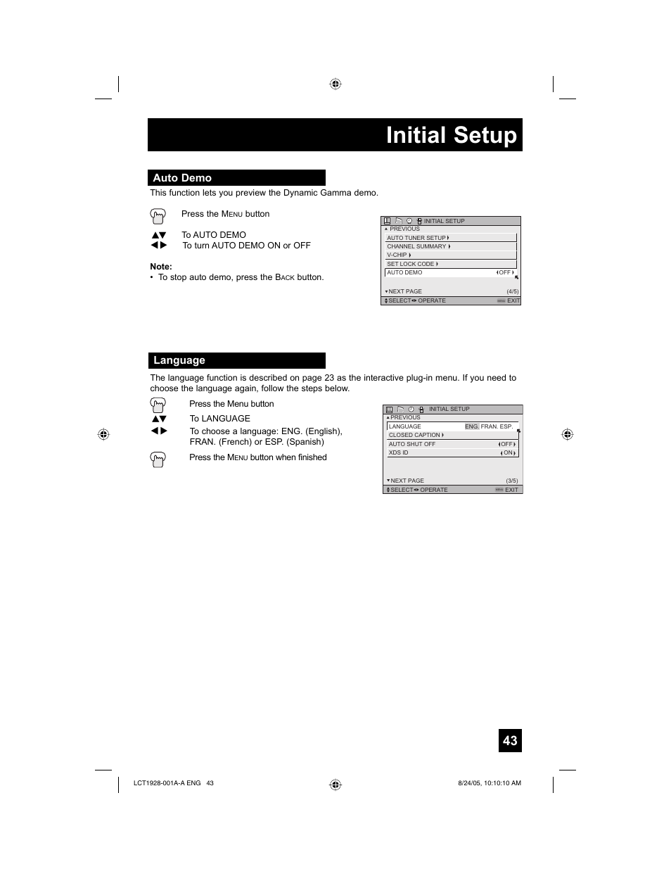 Initial setup, Language, Auto demo | JVC HD-52G456 User Manual | Page 43 / 88