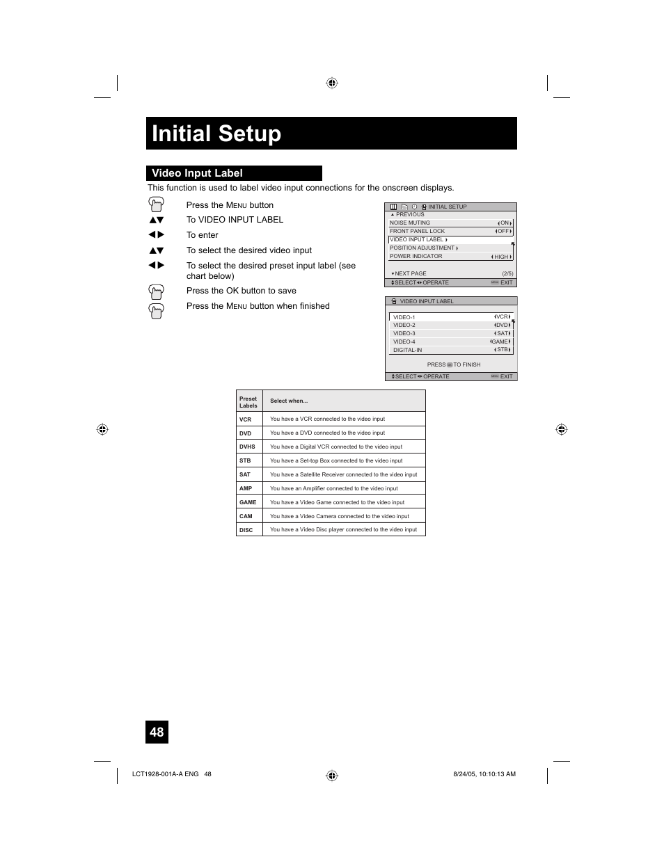 Initial setup, Video input label | JVC HD-52G456 User Manual | Page 48 / 88