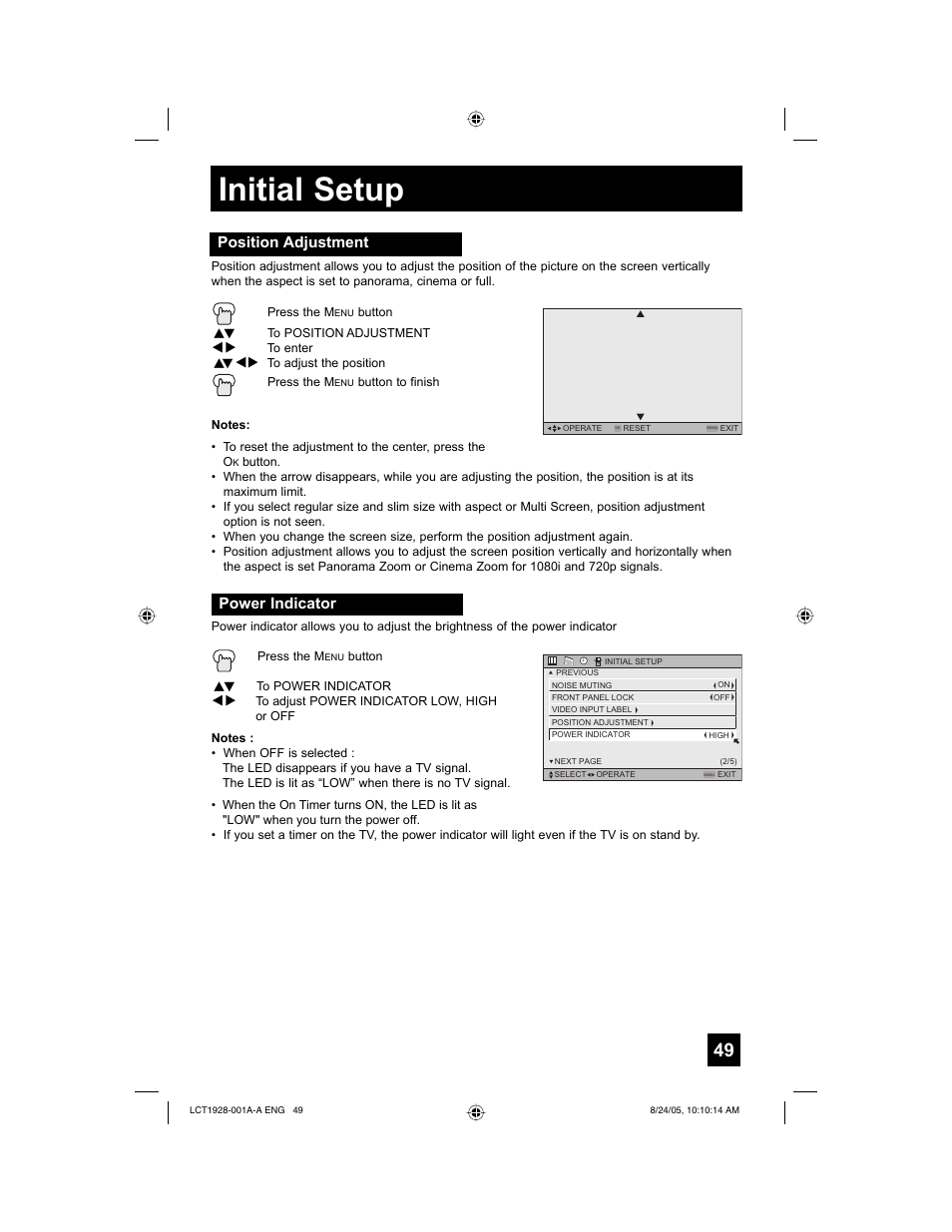 Initial setup, Position adjustment, Power indicator | JVC HD-52G456 User Manual | Page 49 / 88