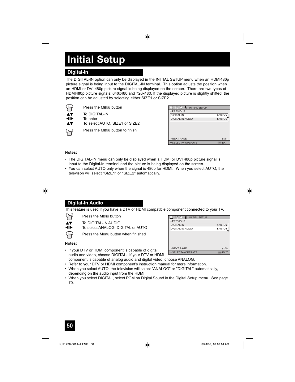 Initial setup, Digital-in digital-in audio | JVC HD-52G456 User Manual | Page 50 / 88