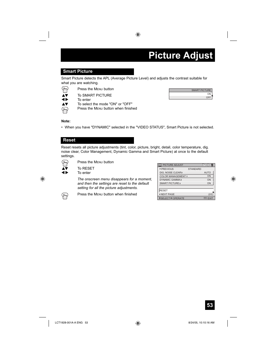 Picture adjust, Reset, Smart picture | JVC HD-52G456 User Manual | Page 53 / 88
