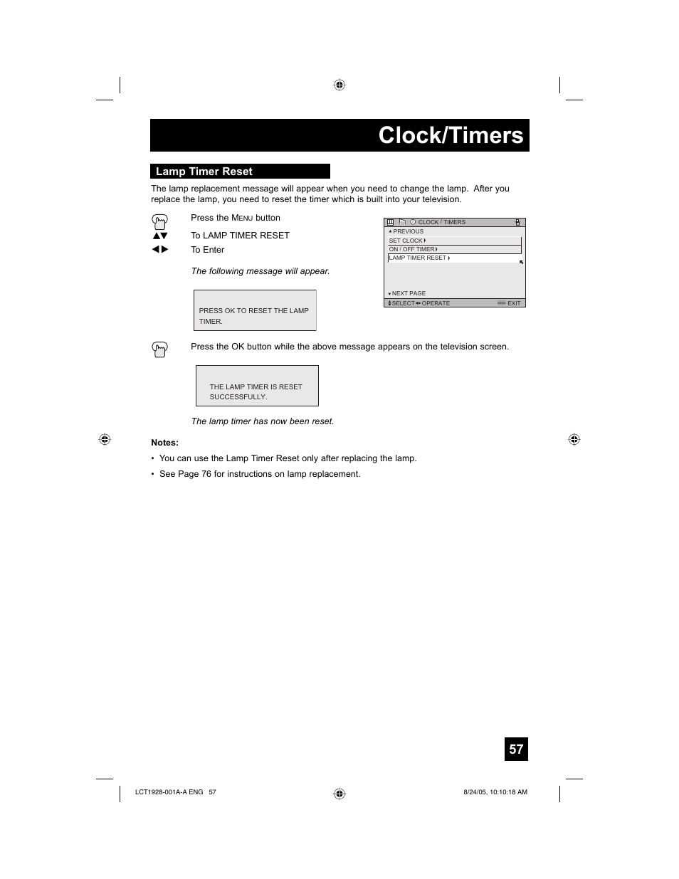 Clock/timers, Lamp timer reset | JVC HD-52G456 User Manual | Page 57 / 88