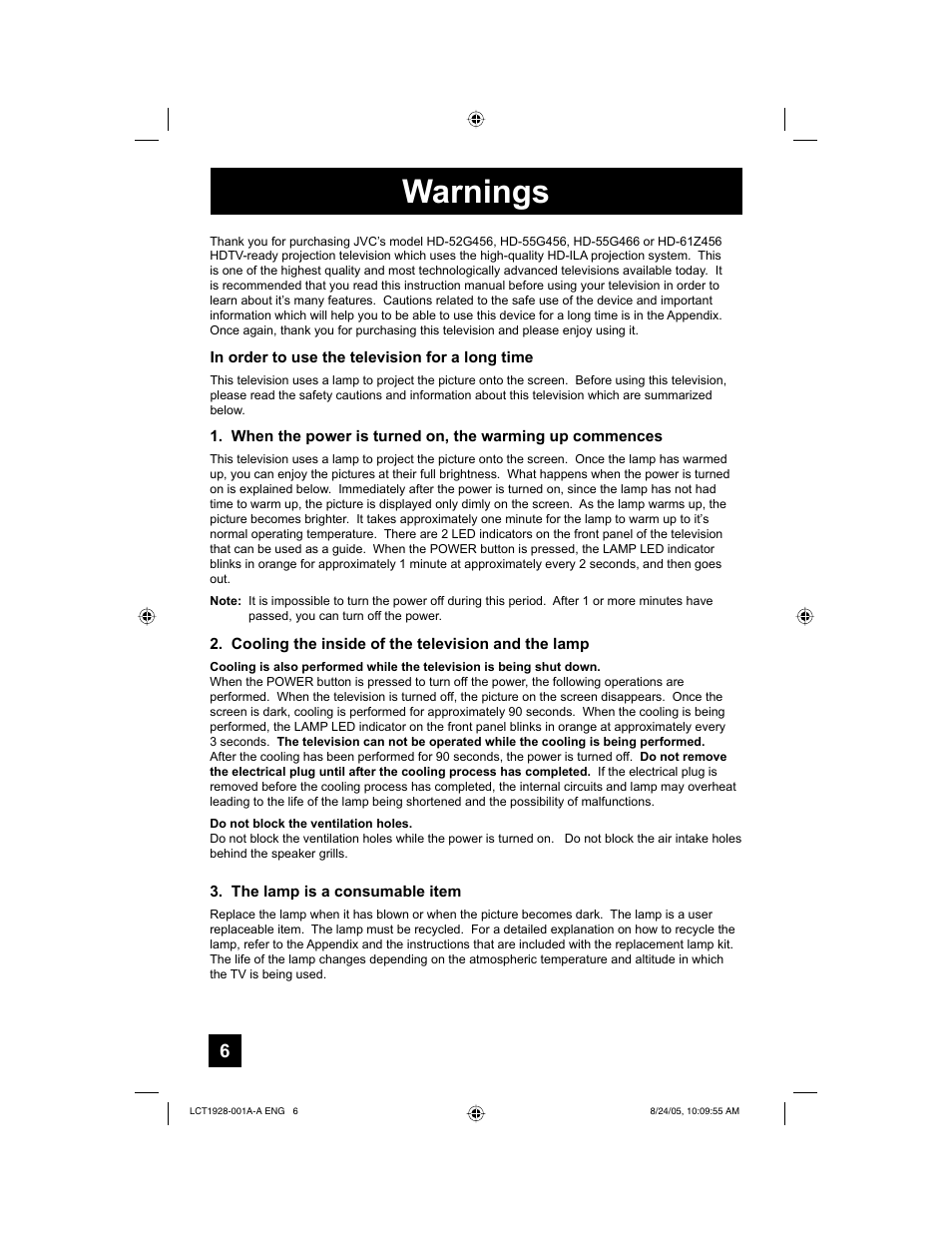 Warnings | JVC HD-52G456 User Manual | Page 6 / 88