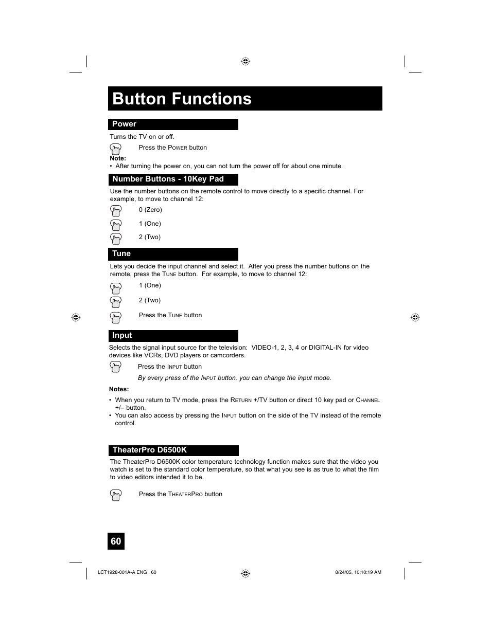 Button functions | JVC HD-52G456 User Manual | Page 60 / 88