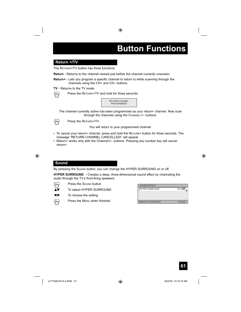 Button functions, Return +/tv, Sound | JVC HD-52G456 User Manual | Page 61 / 88