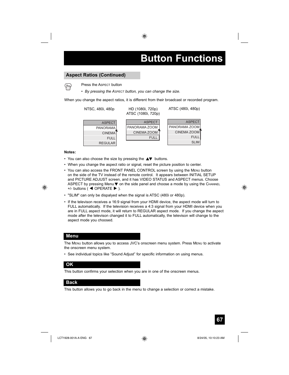 Button functions | JVC HD-52G456 User Manual | Page 67 / 88