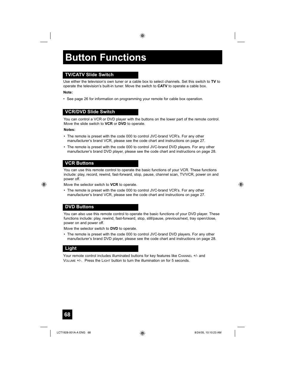 Button functions | JVC HD-52G456 User Manual | Page 68 / 88