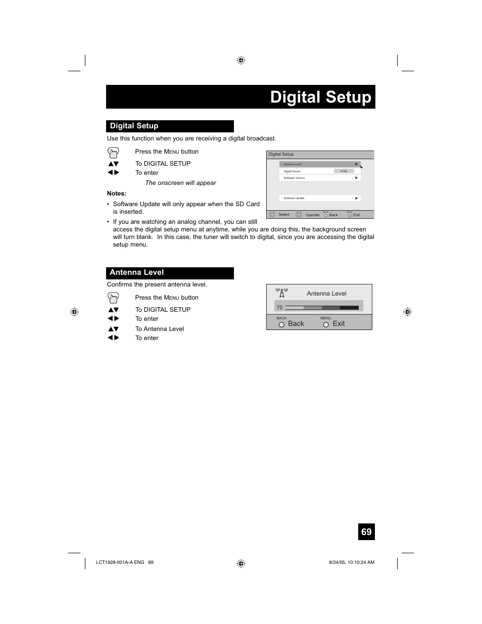 Digital setup, Antenna level | JVC HD-52G456 User Manual | Page 69 / 88