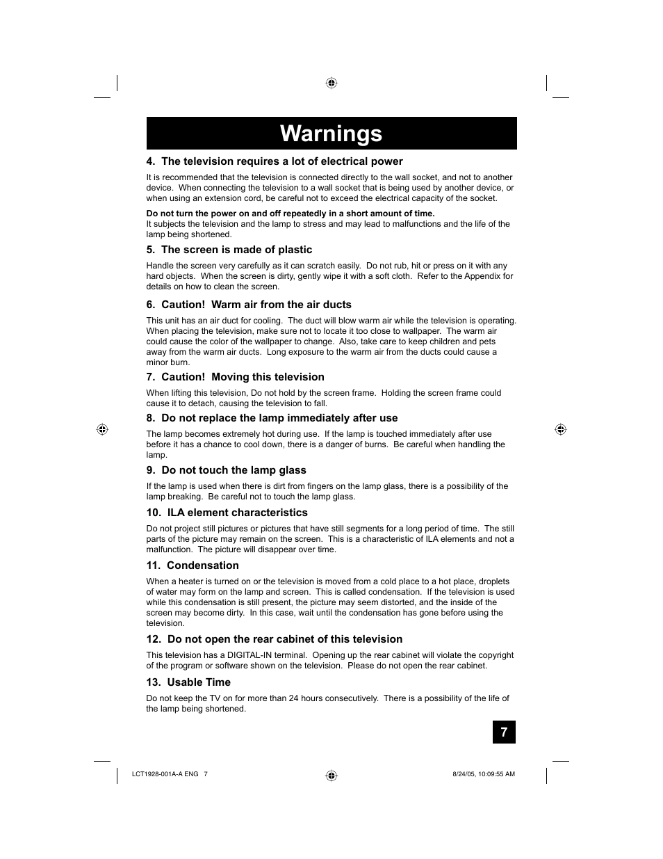 Warnings | JVC HD-52G456 User Manual | Page 7 / 88