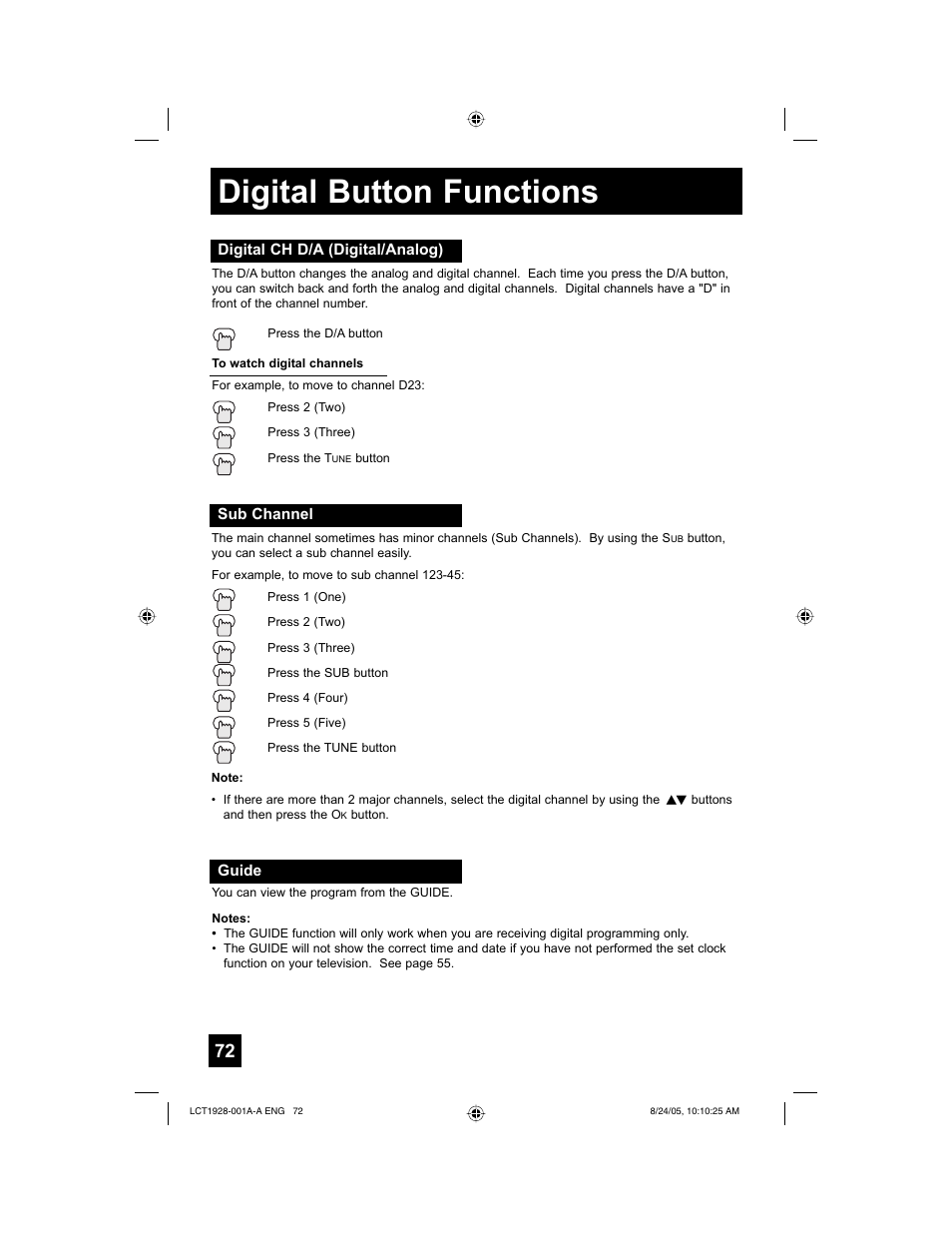 Digital button functions | JVC HD-52G456 User Manual | Page 72 / 88