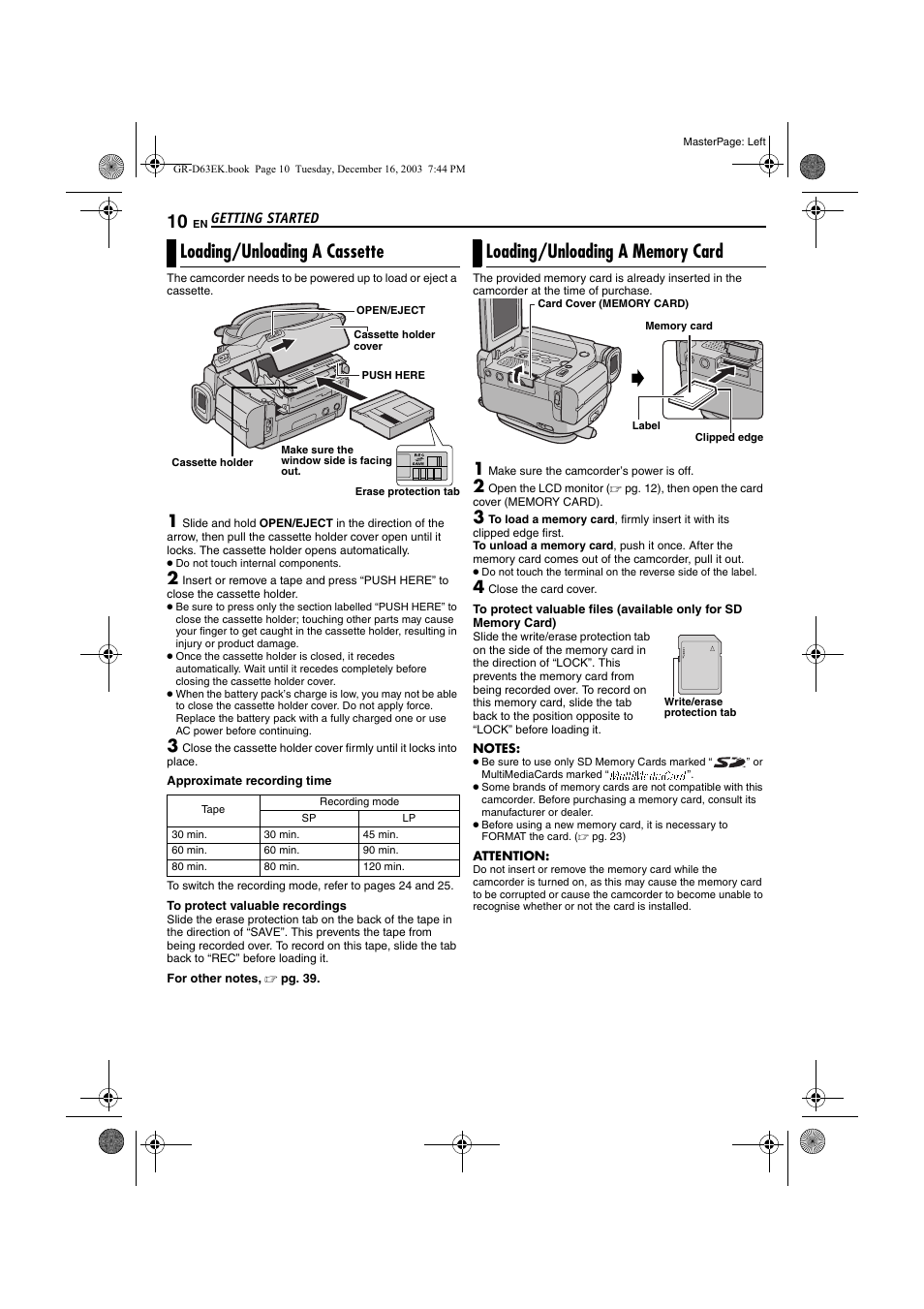 Loading/unloading a cassette, Loading/unloading a memory card | JVC GR-D63 User Manual | Page 10 / 56