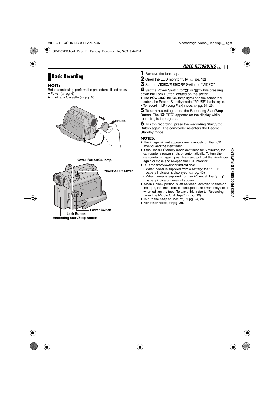 Video recording, Basic recording, Video recording & playback | JVC GR-D63 User Manual | Page 11 / 56