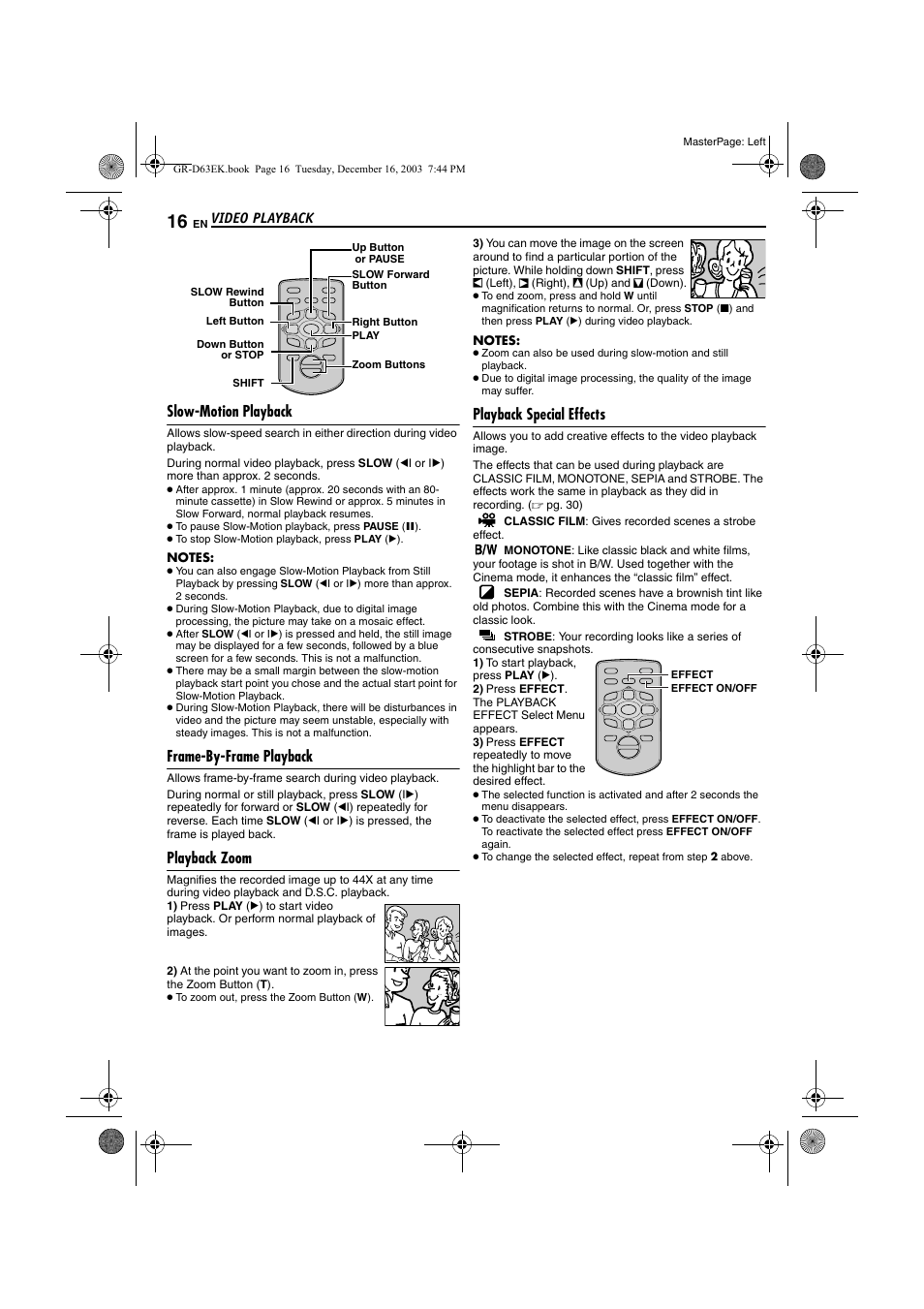 Slow-motion playback, Frame-by-frame playback, Playback zoom | Playback special effects, Pg. 16), Video playback | JVC GR-D63 User Manual | Page 16 / 56