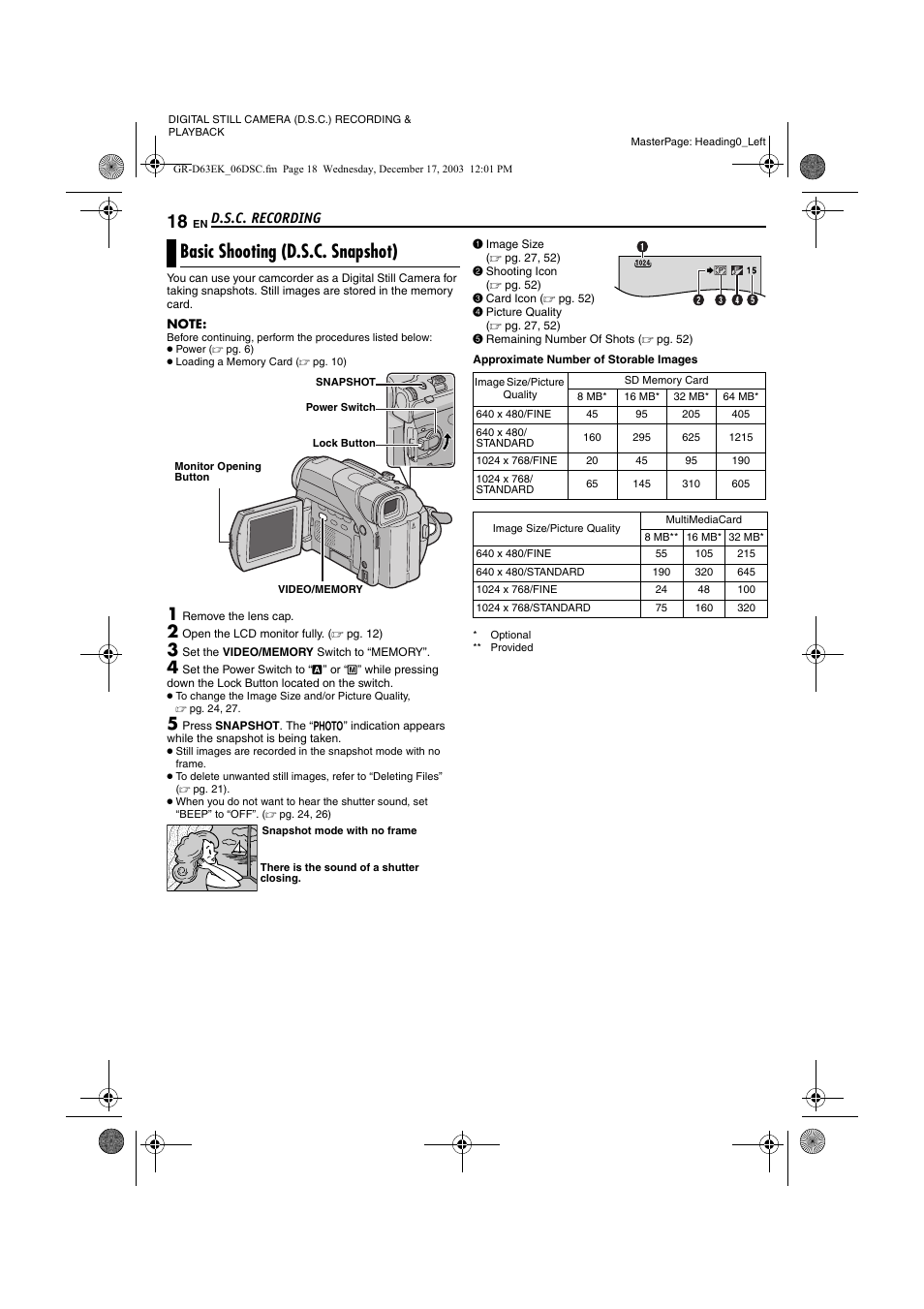 D.s.c. recording, Basic shooting (d.s.c. snapshot) | JVC GR-D63 User Manual | Page 18 / 56