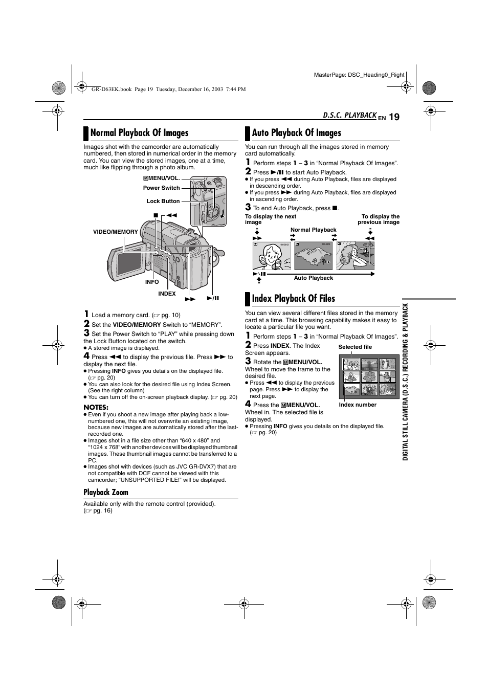 D.s.c. playback, Normal playback of images, Playback zoom | Auto playback of images, Index playback of files | JVC GR-D63 User Manual | Page 19 / 56