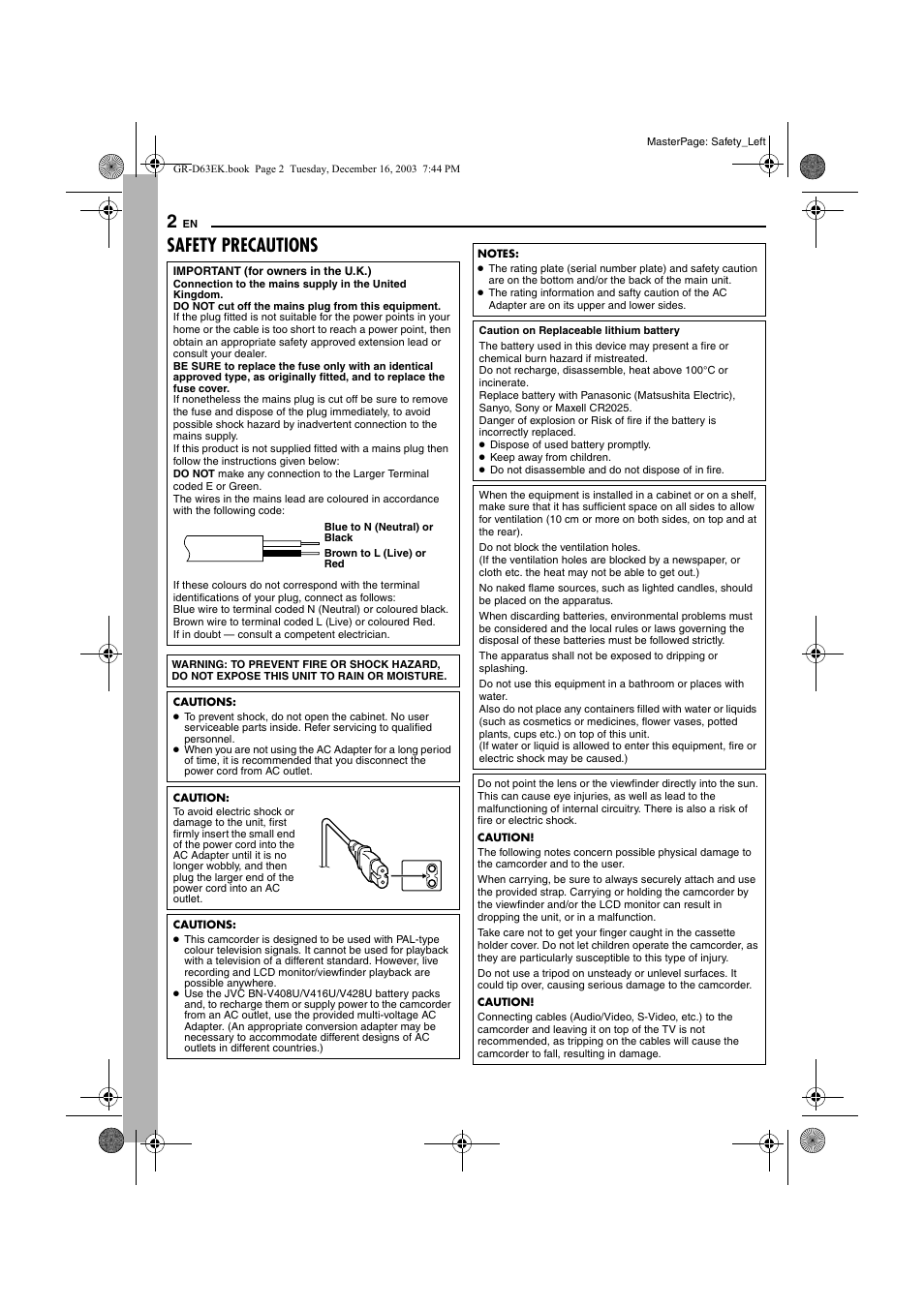 Safety precautions | JVC GR-D63 User Manual | Page 2 / 56