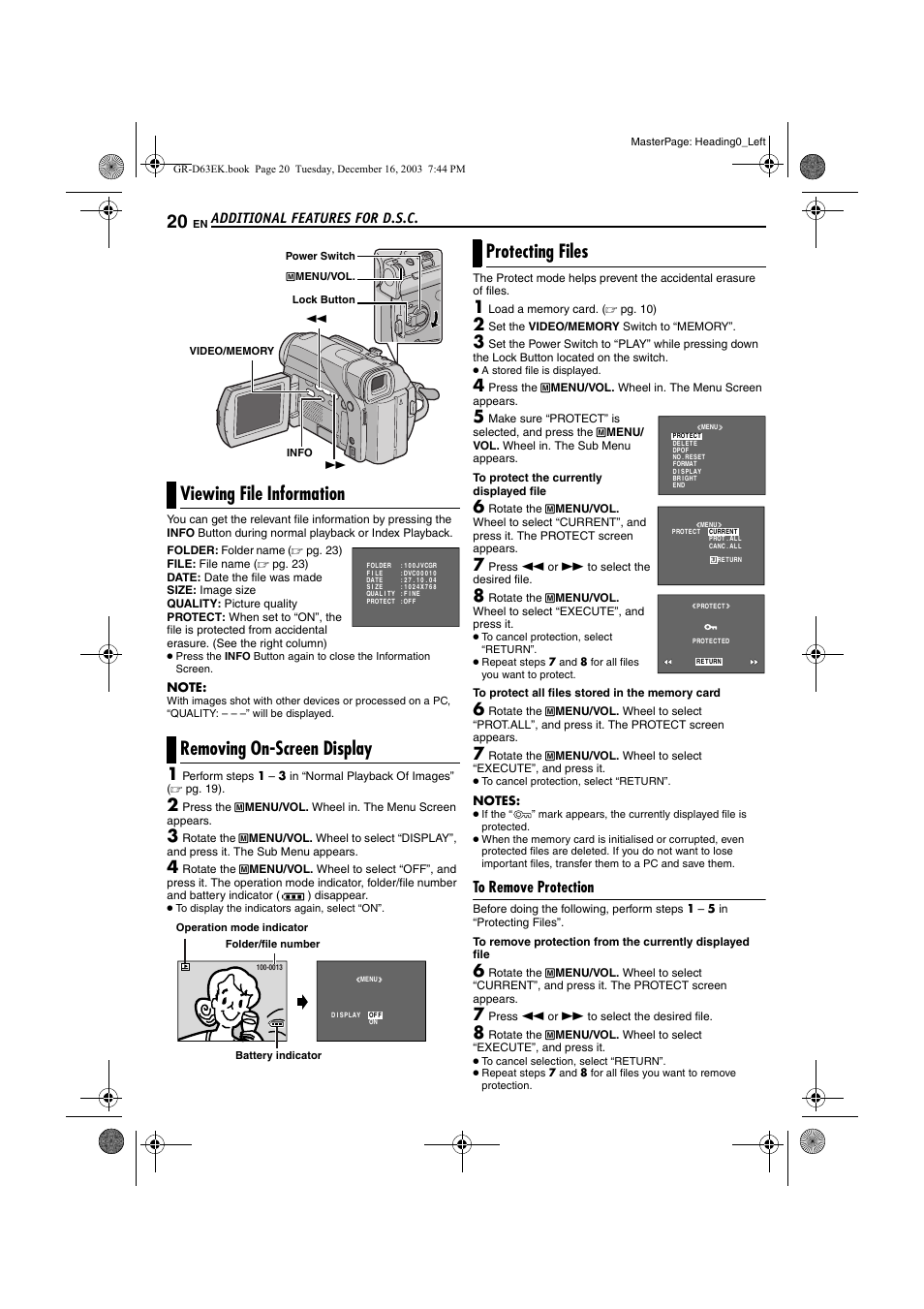 Additional features for d.s.c, Viewing file information, Removing on-screen display | Protecting files, To remove protection, Pg. 20) | JVC GR-D63 User Manual | Page 20 / 56