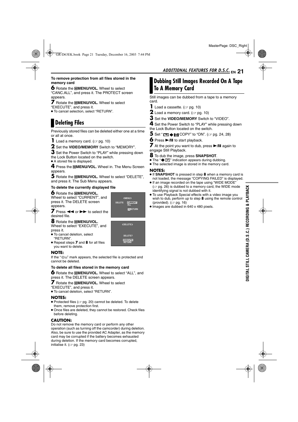 Deleting files, Card, Pg. 21) | JVC GR-D63 User Manual | Page 21 / 56