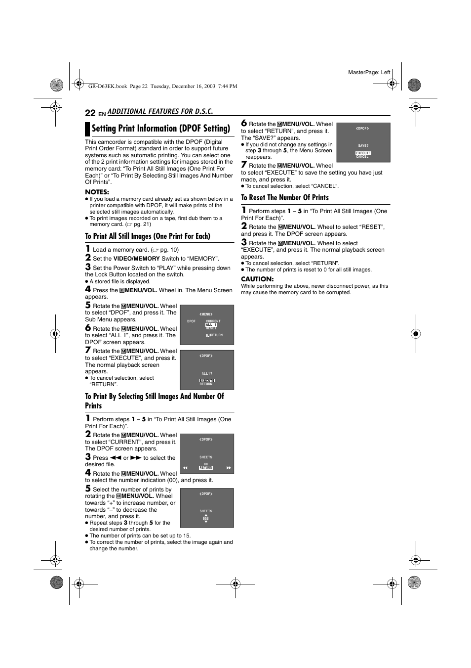 Setting print information (dpof setting), To print all still images (one print for each), To reset the number of prints | Additional features for d.s.c | JVC GR-D63 User Manual | Page 22 / 56