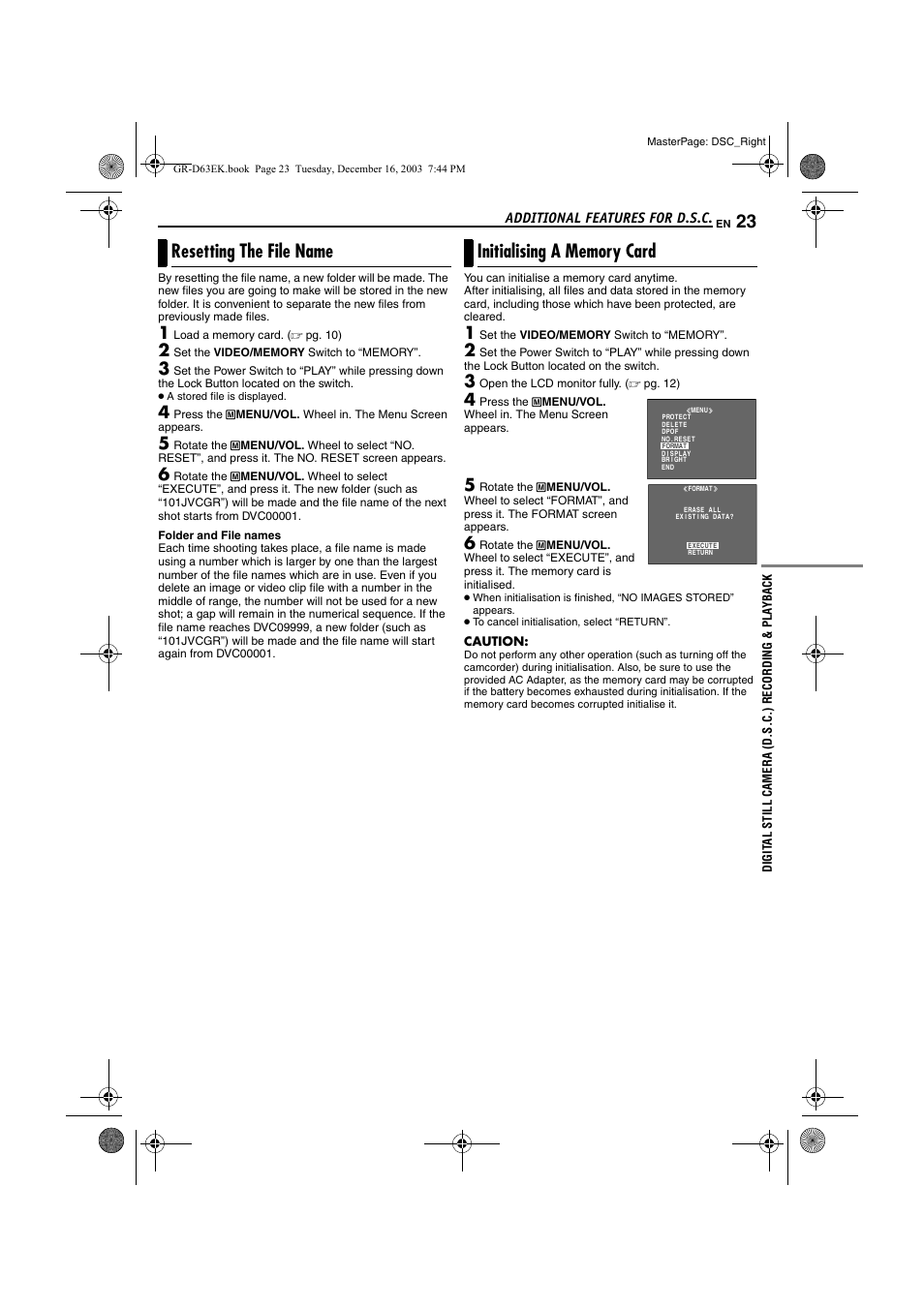 Resetting the file name, Initialising a memory card, Resetting the file name initialising a memory card | Pg. 23) | JVC GR-D63 User Manual | Page 23 / 56