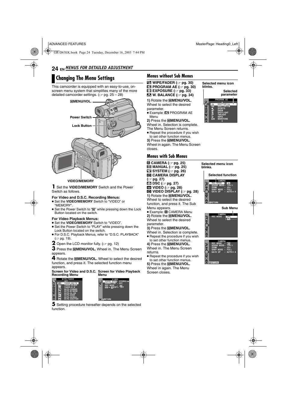 Menus for detailed adjustment, Changing the menu settings, Menus without sub menus | Menus with sub menus, Pg. 24, Advanced features, Pg. 24, 28, Pg. 24), Pg. 24, 26) an, 24 a | JVC GR-D63 User Manual | Page 24 / 56