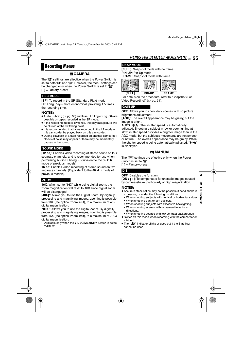 Recording menus, Nd 25, Pg. 25) | JVC GR-D63 User Manual | Page 25 / 56