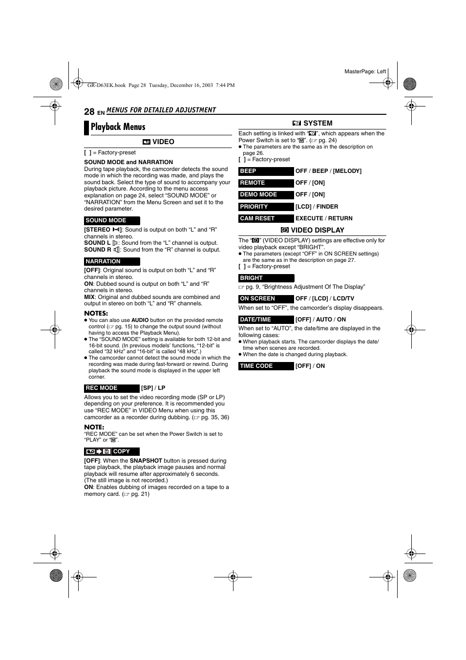 Playback menus | JVC GR-D63 User Manual | Page 28 / 56