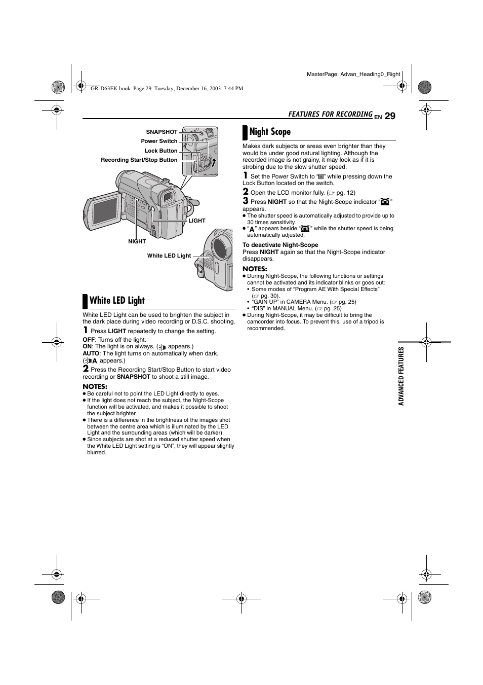 Features for recording, White led light, Night scope | JVC GR-D63 User Manual | Page 29 / 56