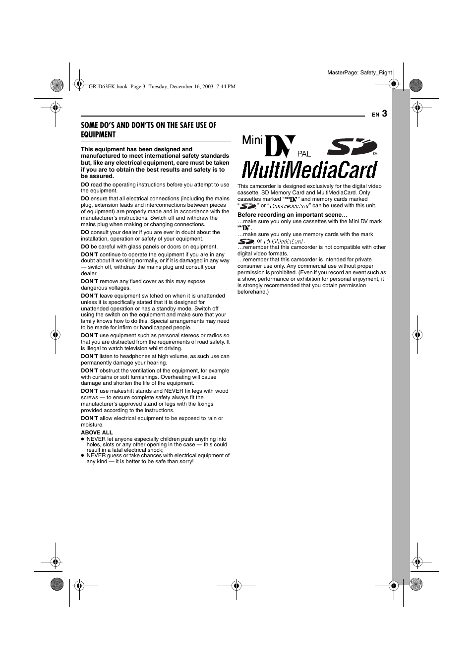 Some do’s and don’ts on the safe use of equipment | JVC GR-D63 User Manual | Page 3 / 56