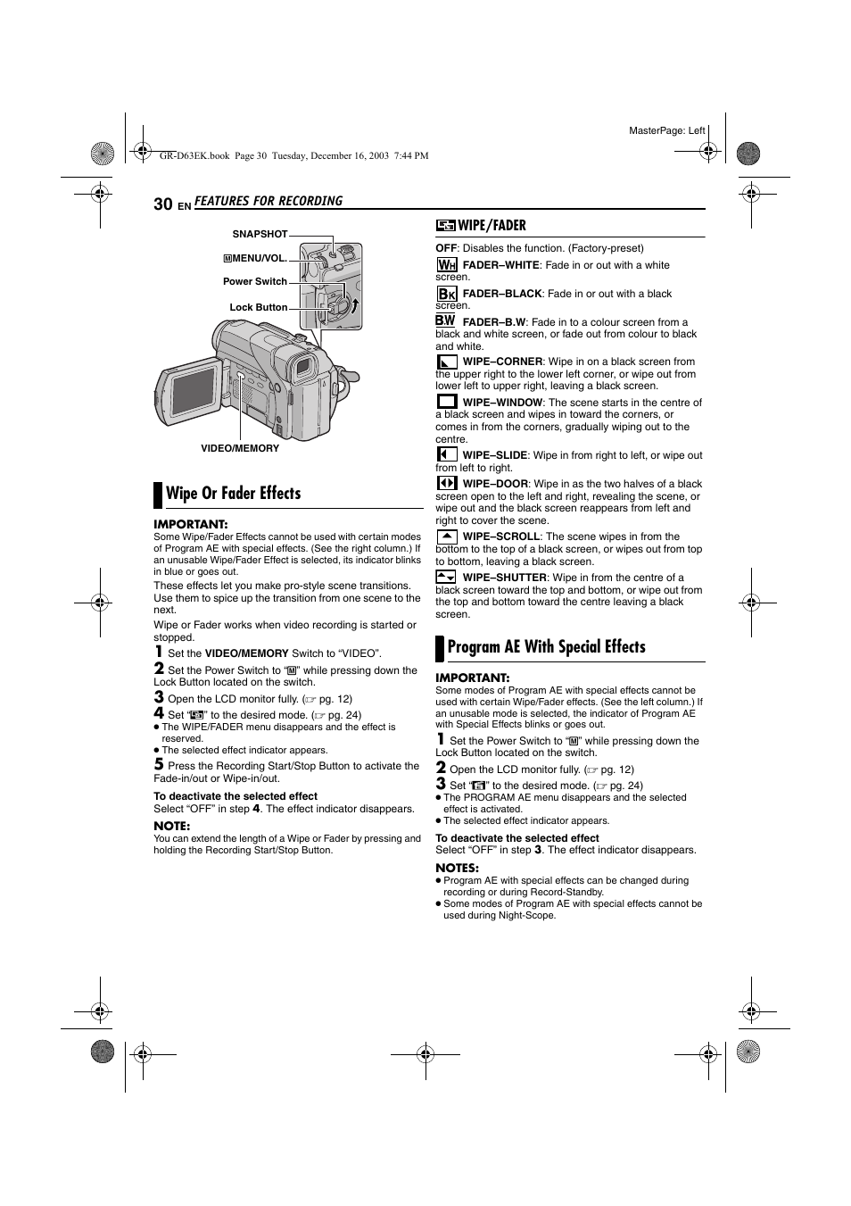 Wipe or fader effects, Wipe/fader, Program ae with special effects | Pg. 30) | JVC GR-D63 User Manual | Page 30 / 56