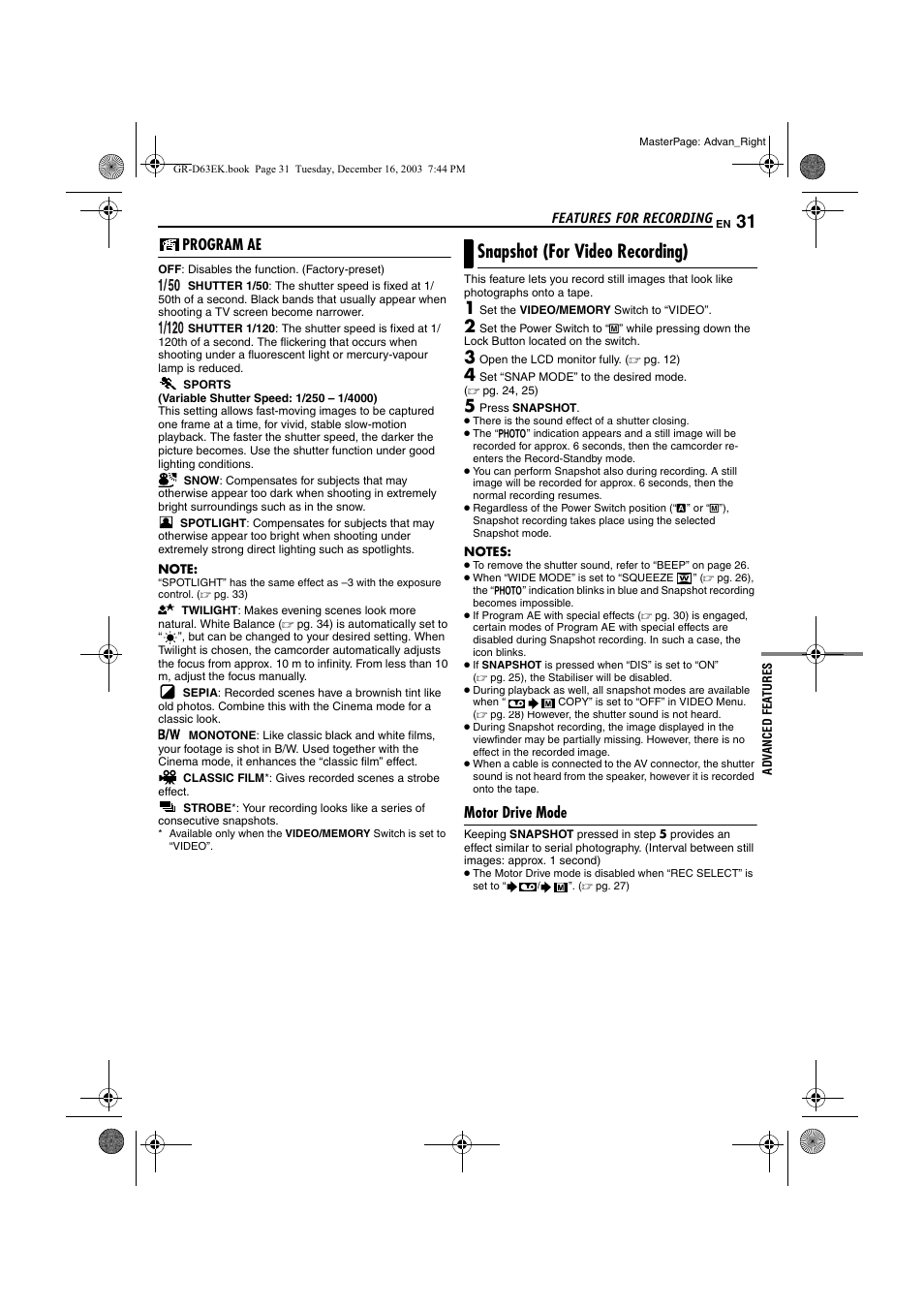 Program ae, Snapshot (for video recording), Motor drive mode | Pg. 31) | JVC GR-D63 User Manual | Page 31 / 56