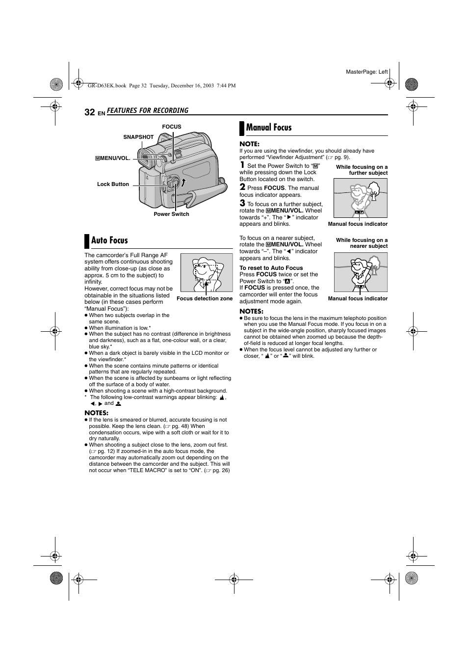 Auto focus, Manual focus, Pg. 32) | JVC GR-D63 User Manual | Page 32 / 56