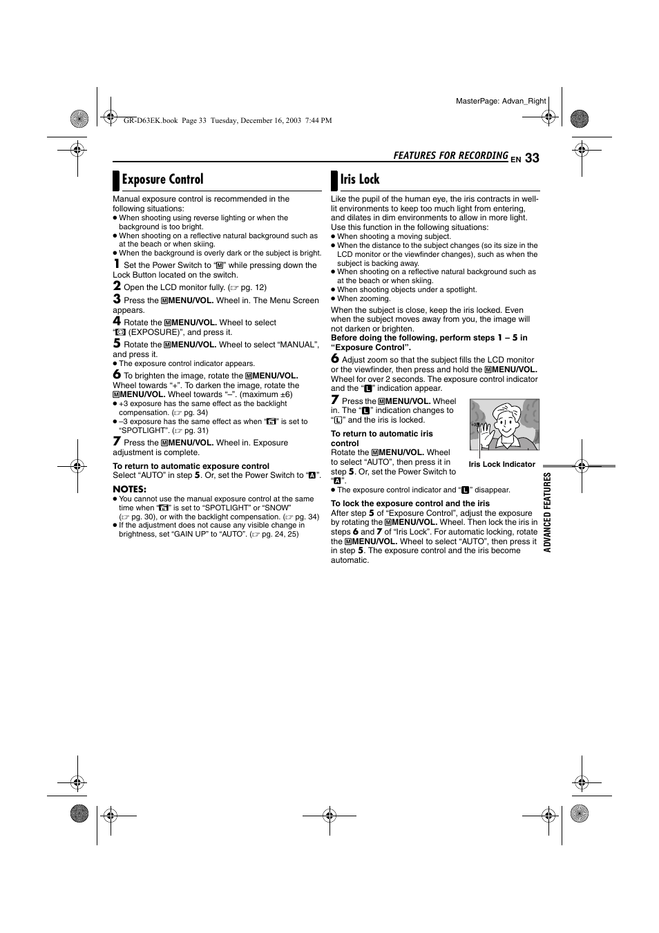 Exposure control, Iris lock, Pg. 33) | Exposure control iris lock | JVC GR-D63 User Manual | Page 33 / 56